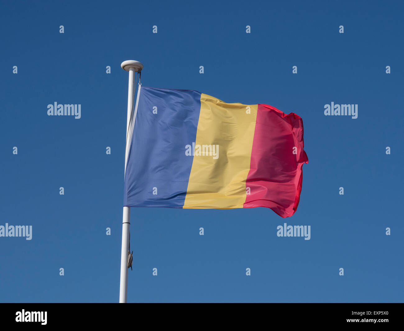 Bandiera rumena che fluttua nel vento nel cielo blu. Foto Stock