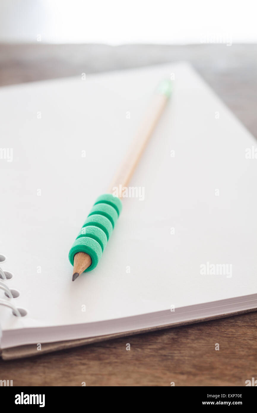 Matita su open blank notebook, stock photo Foto Stock