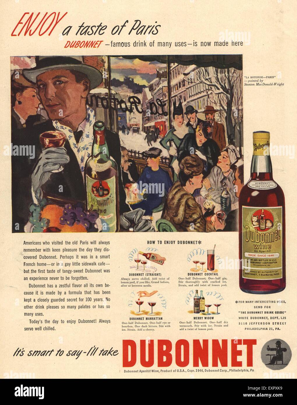 1940s USA Dubonnet Magazine annuncio pubblicitario Foto Stock