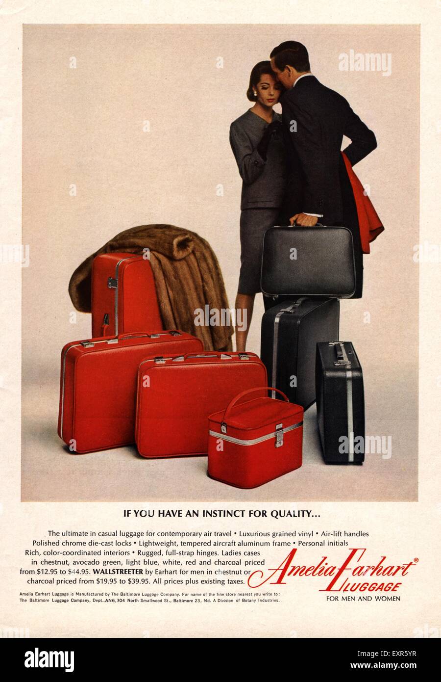 Anni sessanta STATI UNITI D'AMERICA Amelia Earhart magazzino bagagli annuncio Foto Stock