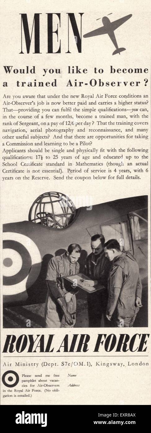 1940S UK Royla Air Force Magazine annuncio pubblicitario Foto Stock