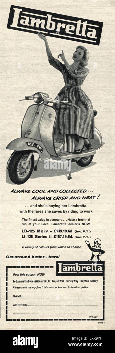 1950S UK Lambretta Magazine annuncio pubblicitario Foto Stock