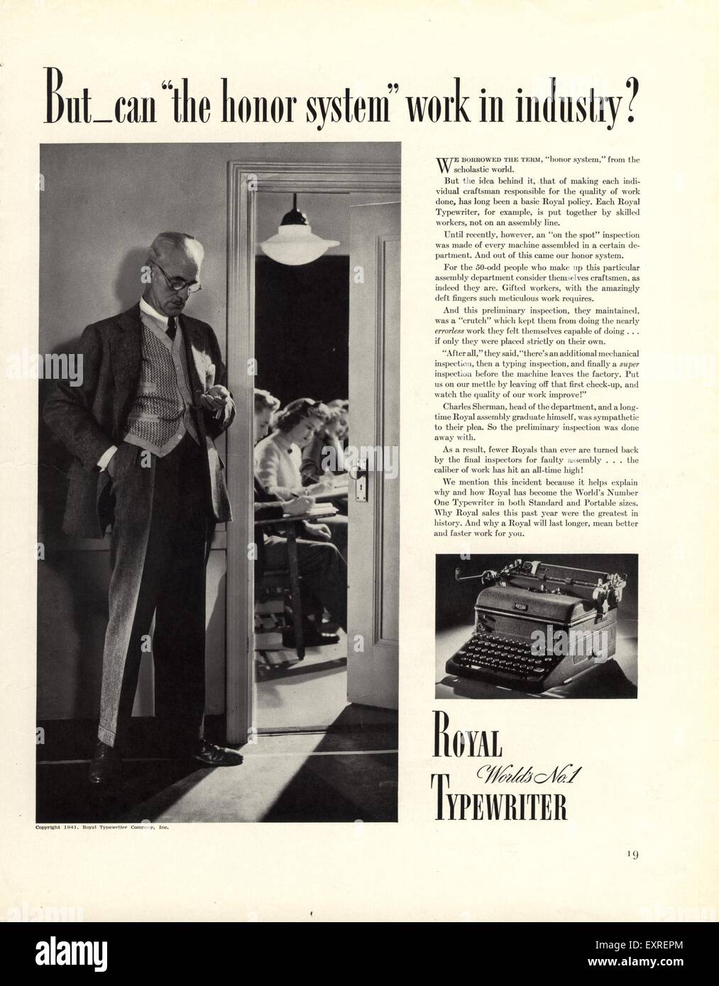 1940s USA Royal macchine da scrivere Magazine annuncio pubblicitario Foto Stock