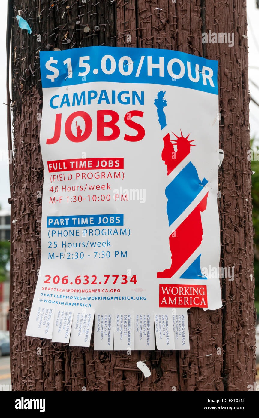 Un gruppo di lavoro America poster di Seattle che offre opportunità di lavoro. Foto Stock