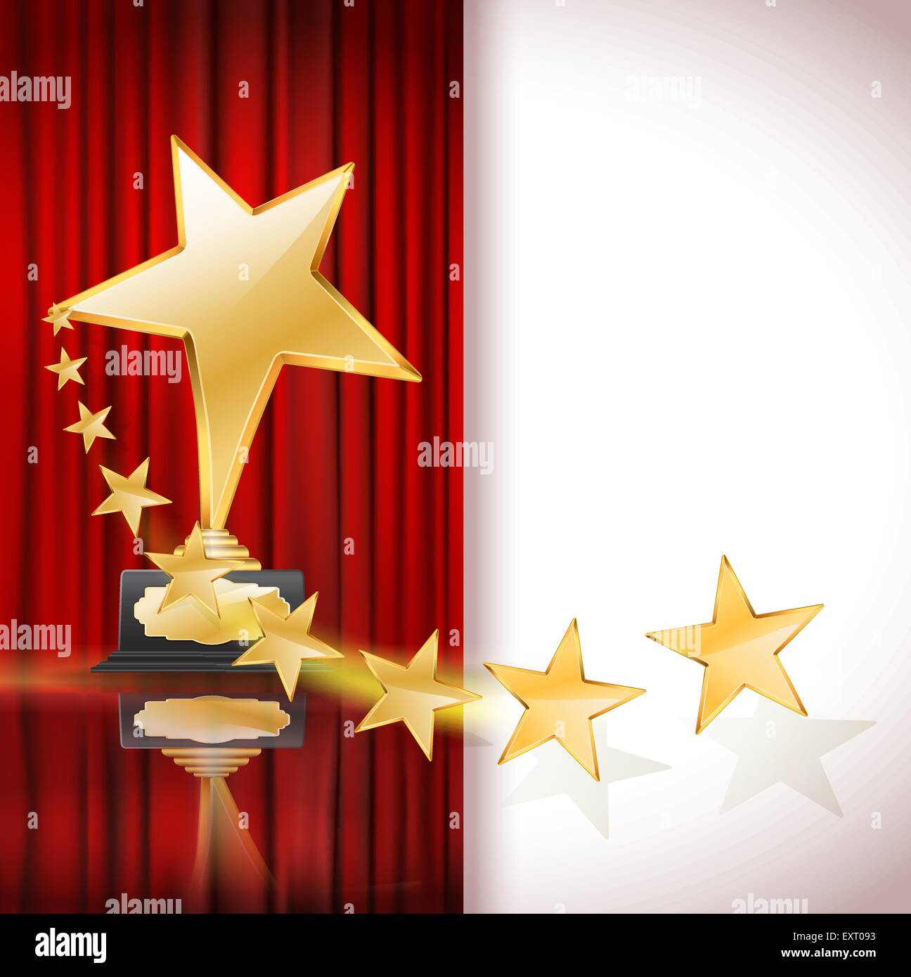 Golden star award e una fila di stelle sul sipario rosso sfondo. vettore Illustrazione Vettoriale