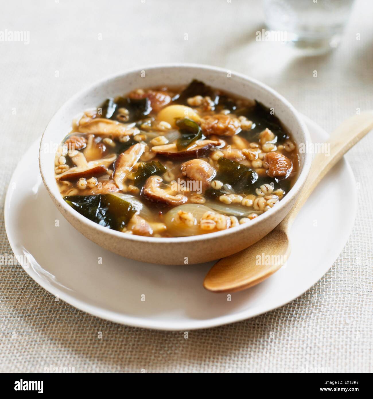 Ciotola di zuppa contenente orzo, castagne, funghi shiitake, cipolle e alghe wakame Foto Stock