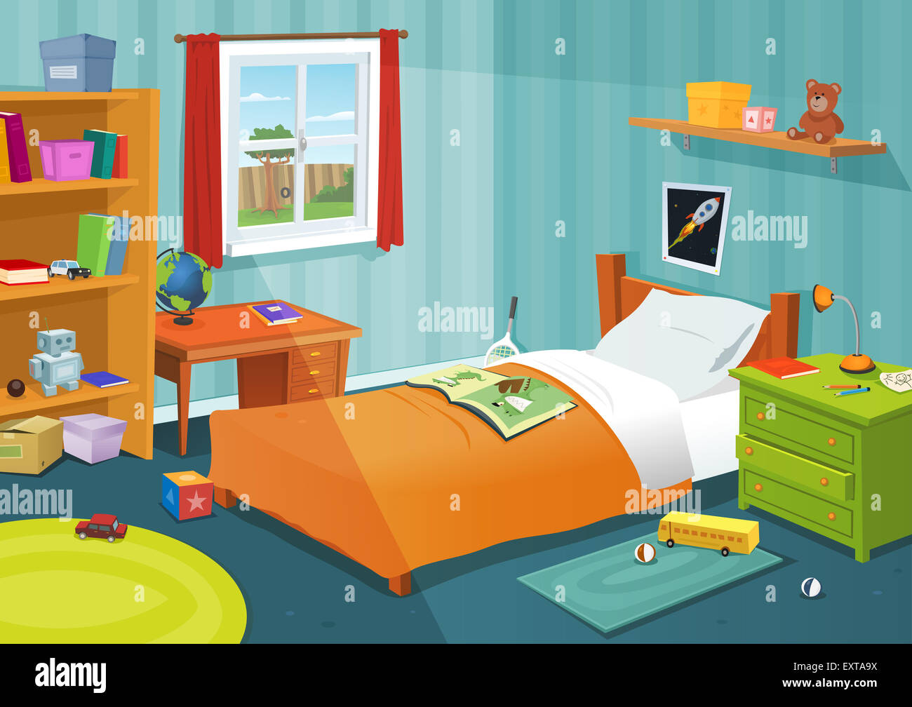 Illustrazione di un cartone animato in camera da letto per bambini con  ragazzo o ragazza elementi dello stile di vita moderno, giocattoli, letto,  libri, scrivania e scaffale, orsacchiotto Foto stock - Alamy