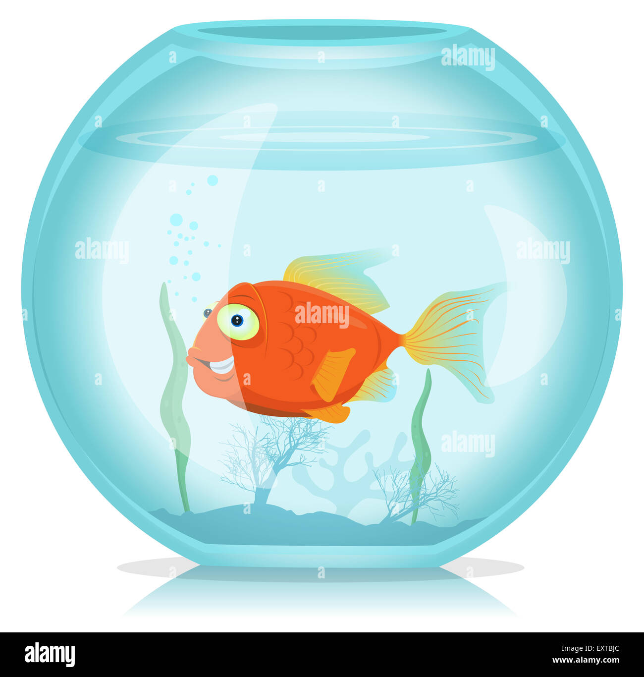 Illustrazione di un divertente cartoon unico oro felice pesci che vivono in acquario Foto Stock