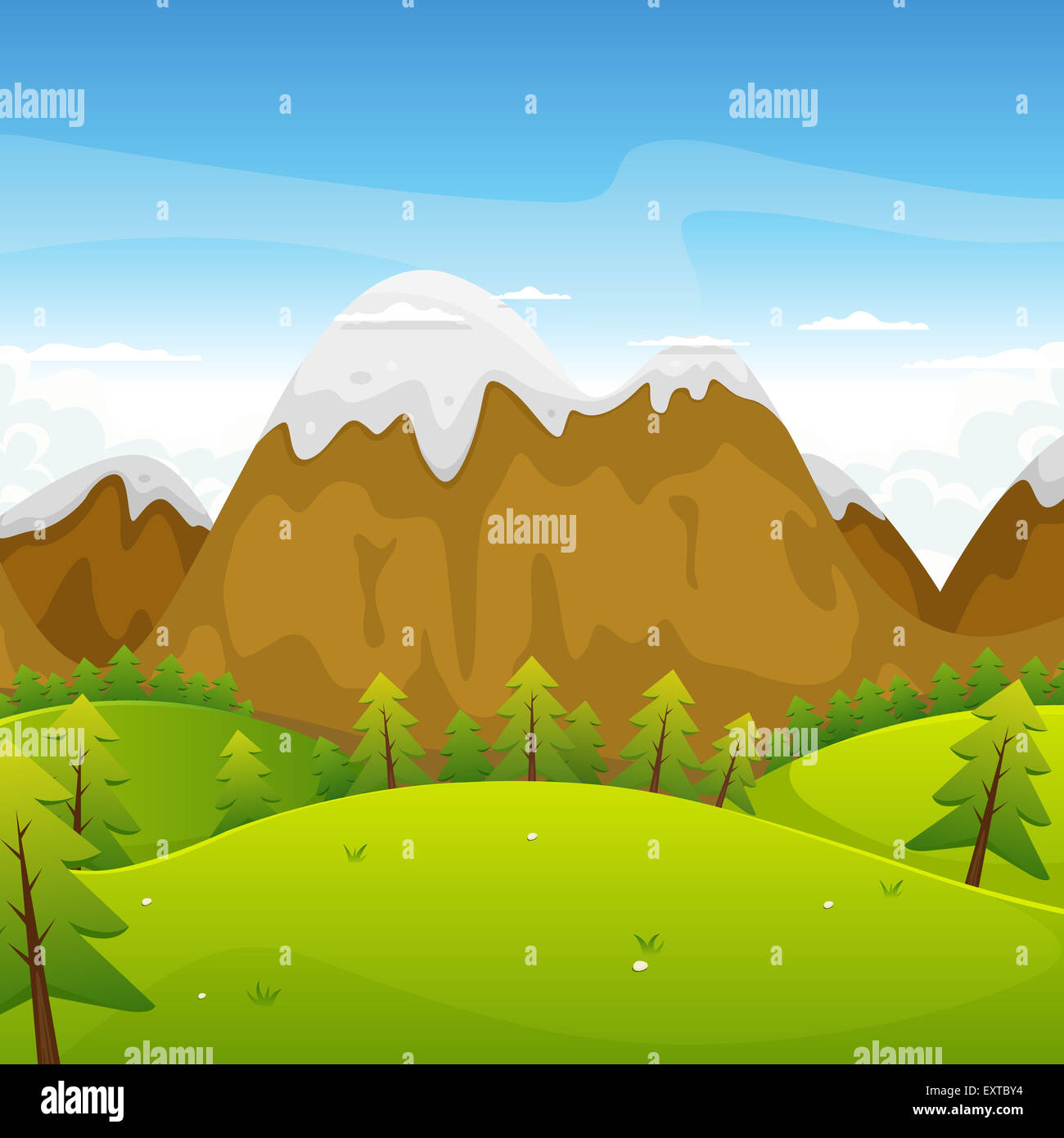 Illustrazione di un cartone animato in primavera o estate alta paesaggio di  montagna per vacanze, viaggi e vacanze stagionali sfondo Foto stock - Alamy