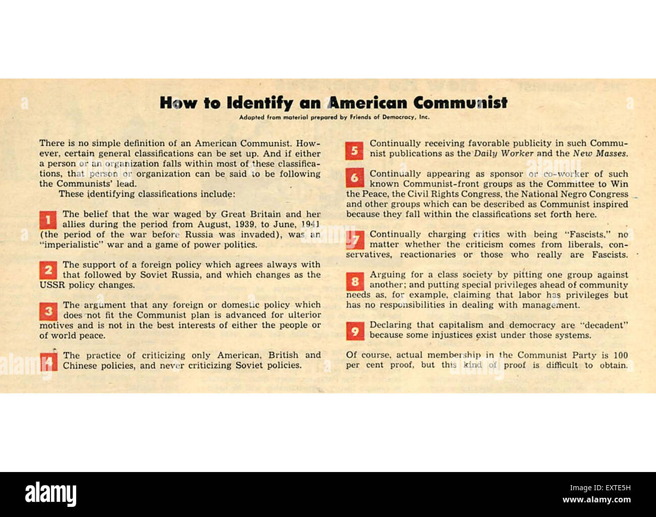 1940s USA Come identificare un comunista americano piastra del magazzino Foto Stock