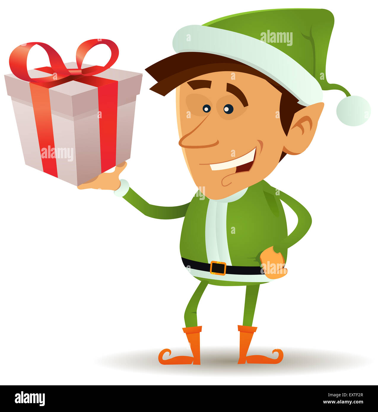 Illustrazione di un divertente cartoon felice natale elf o carattere leprechaun sorridente e azienda santa claus presente nella sua mano Foto Stock