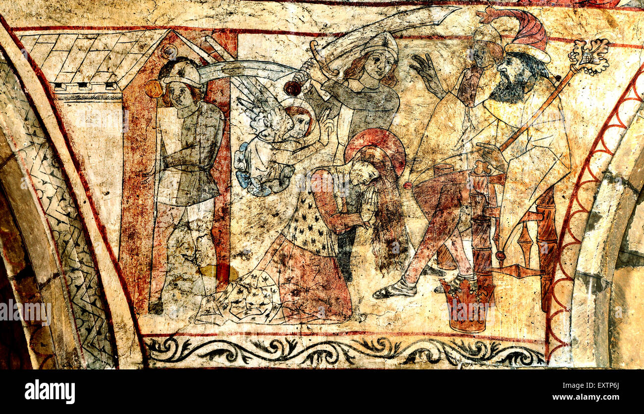 La decapitazione di Santa Caterina, pittura murale medioevale, e l'imperatore Massenzio, Pickering, Yorkshire England Regno Unito Saint dipinti Foto Stock