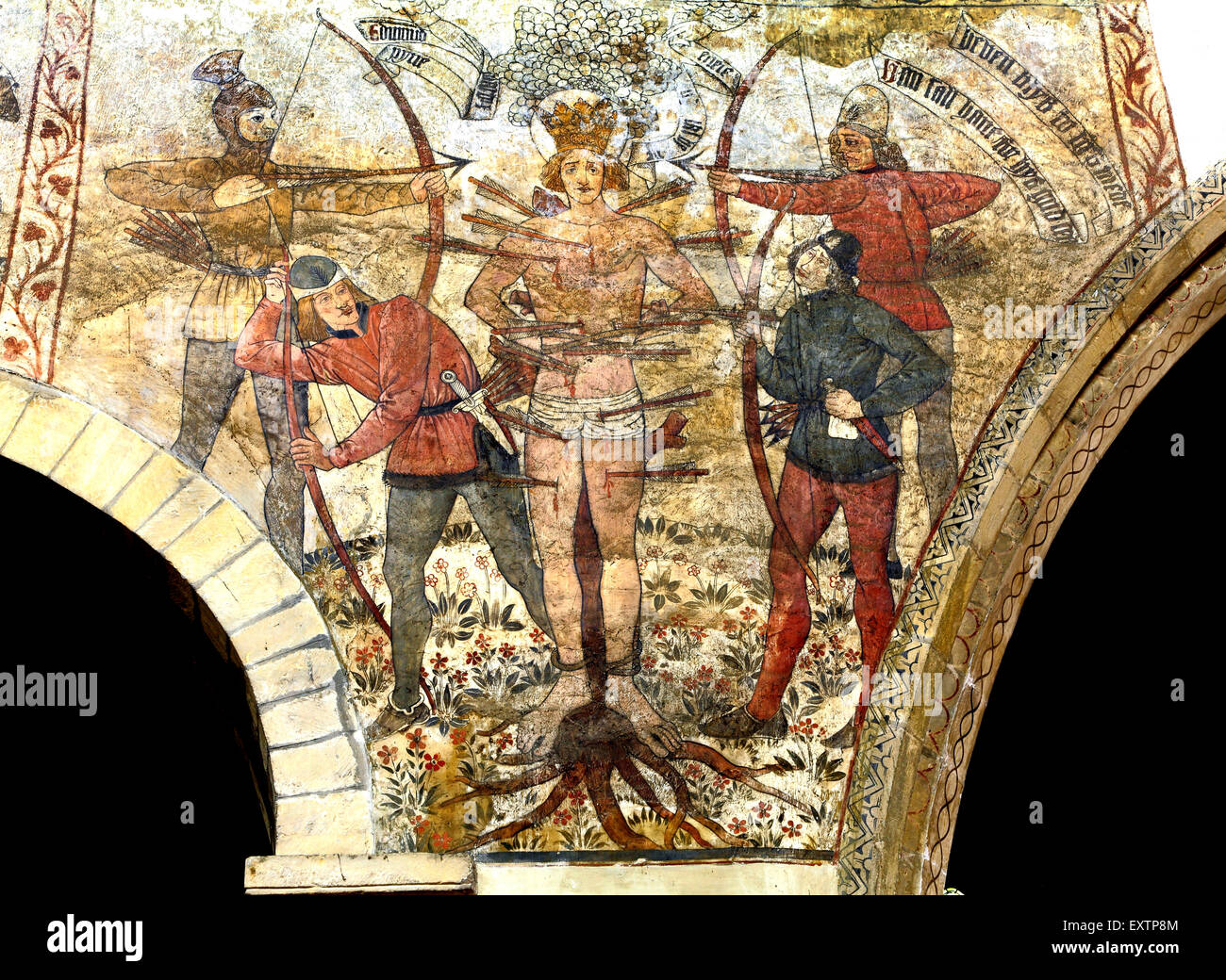 Il Martirio di San Edmund,, dipinti, freccia, frecce pittura murale medioevale, Pickering, Yorkshire, Inghilterra, Regno Unito Saint, re sassone, dipinti, freccia freccia Foto Stock