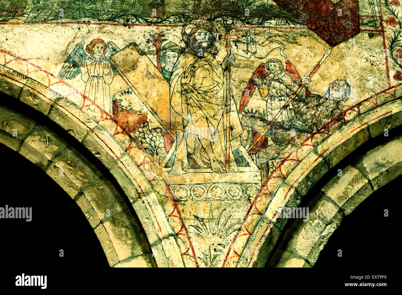 Pickering, pittura murale medioevale, la resurrezione, Cristo in piedi sul sarcofago di pietra, Yorkshire Inghilterra dipinti del Regno Unito Foto Stock
