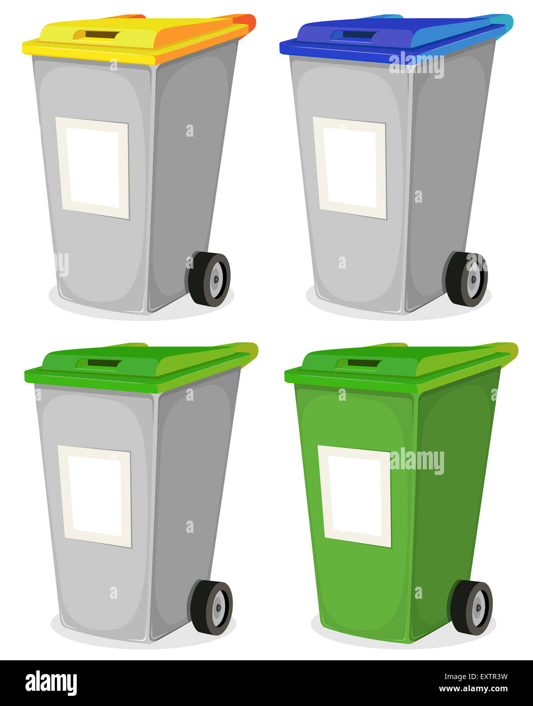 Illustrazione di una collezione di fumetti riciclabile cestino per i rifiuti domestici, di smistamento in giallo, blu e verde in alto Foto Stock