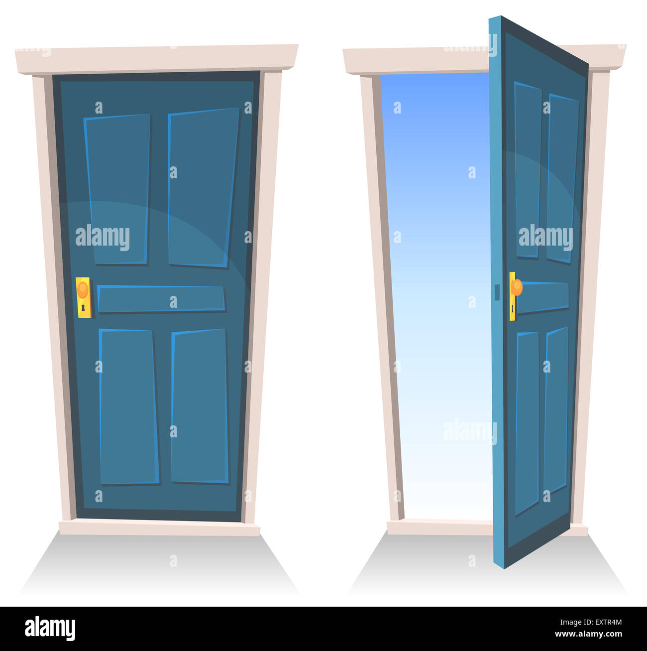 Illustrazione di una serie di fumetti porte anteriori aperte e chiuse con lo sfondo del cielo, che simboleggia la morte frontiera Foto Stock Illustrazione di una serie di fumetti porte anteriori aperte e chiuse con lo sfondo del cielo, che simboleggia la morte frontiera Foto Stock