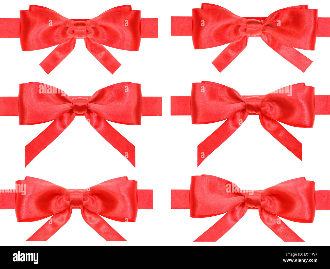Set di arco rosso knots sui nastri di raso isolati su sfondo bianco Foto Stock