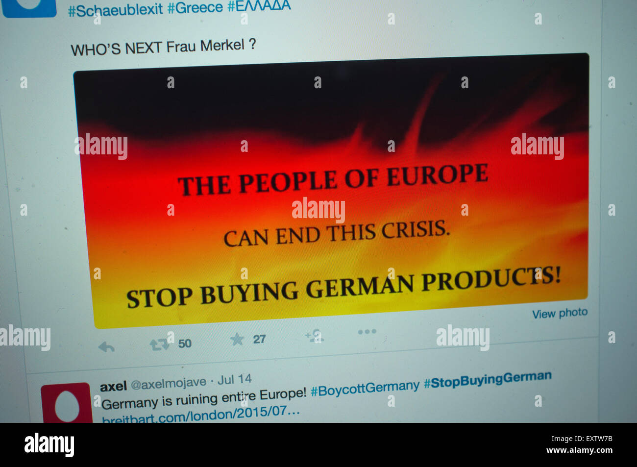 Londra, UK. Il 16 luglio 2015. Tedesche di prodotti e marche sono state mirate ad una campagna online da attivisti politici sconvolti in greco bailout finanziaria e misure di austerità imposte dalla Germania sulla Grecia Foto Stock