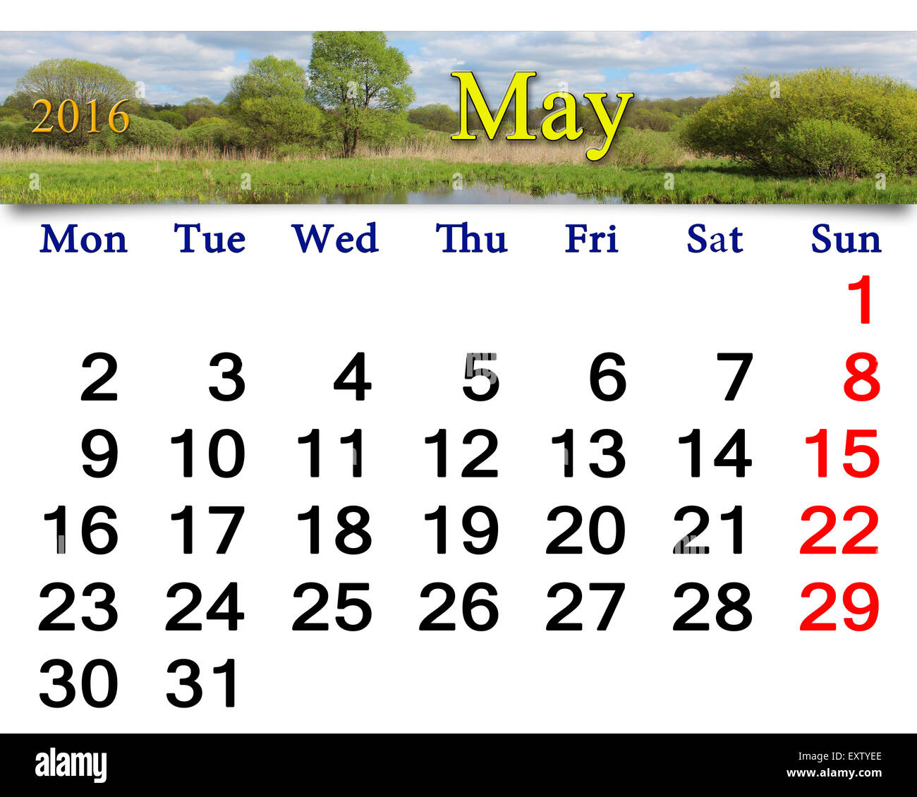 Calendario per il mese di maggio 2016 sullo sfondo del paesaggio di primavera Foto Stock