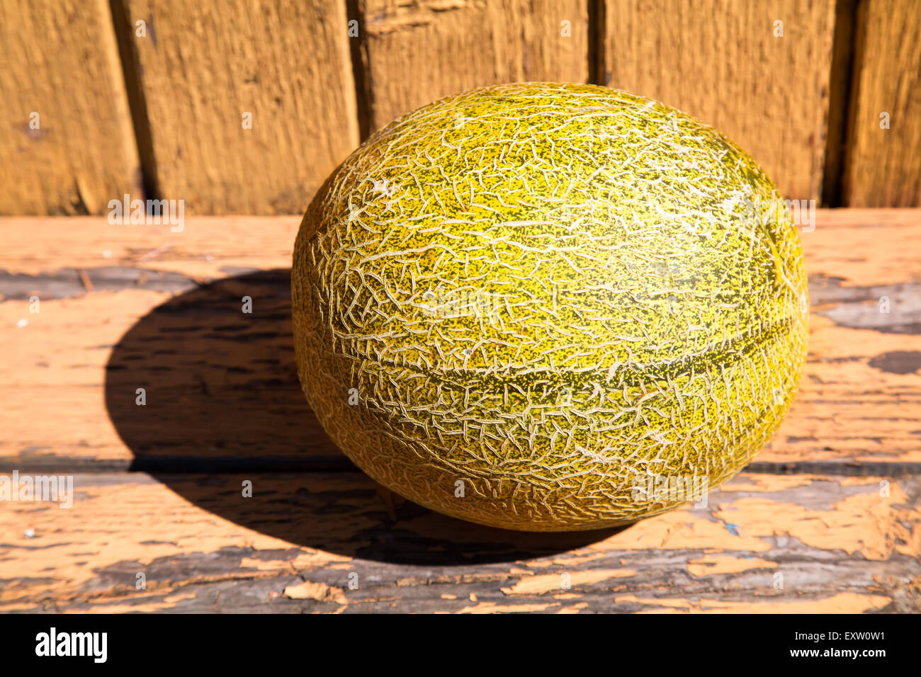 Il melone sul vecchio weathered superficie di legno, all'aperto Foto Stock