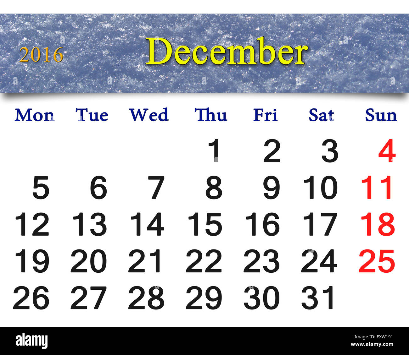 Bellissimo il calendario per il mese di dicembre 2016 con il nastro di strato nevoso Foto Stock