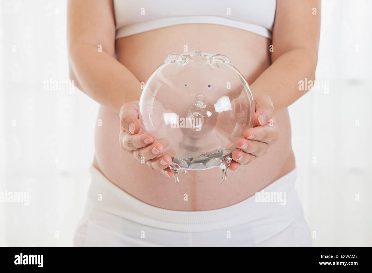 Donna incinta holding banca di monete, Foto Stock