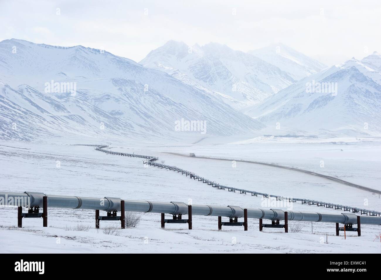 Oleodotto da Prudhoe Bay a Valdez in inverno artico lungo la Dalton Highway, raggio Road, Alaska, STATI UNITI D'AMERICA Foto Stock