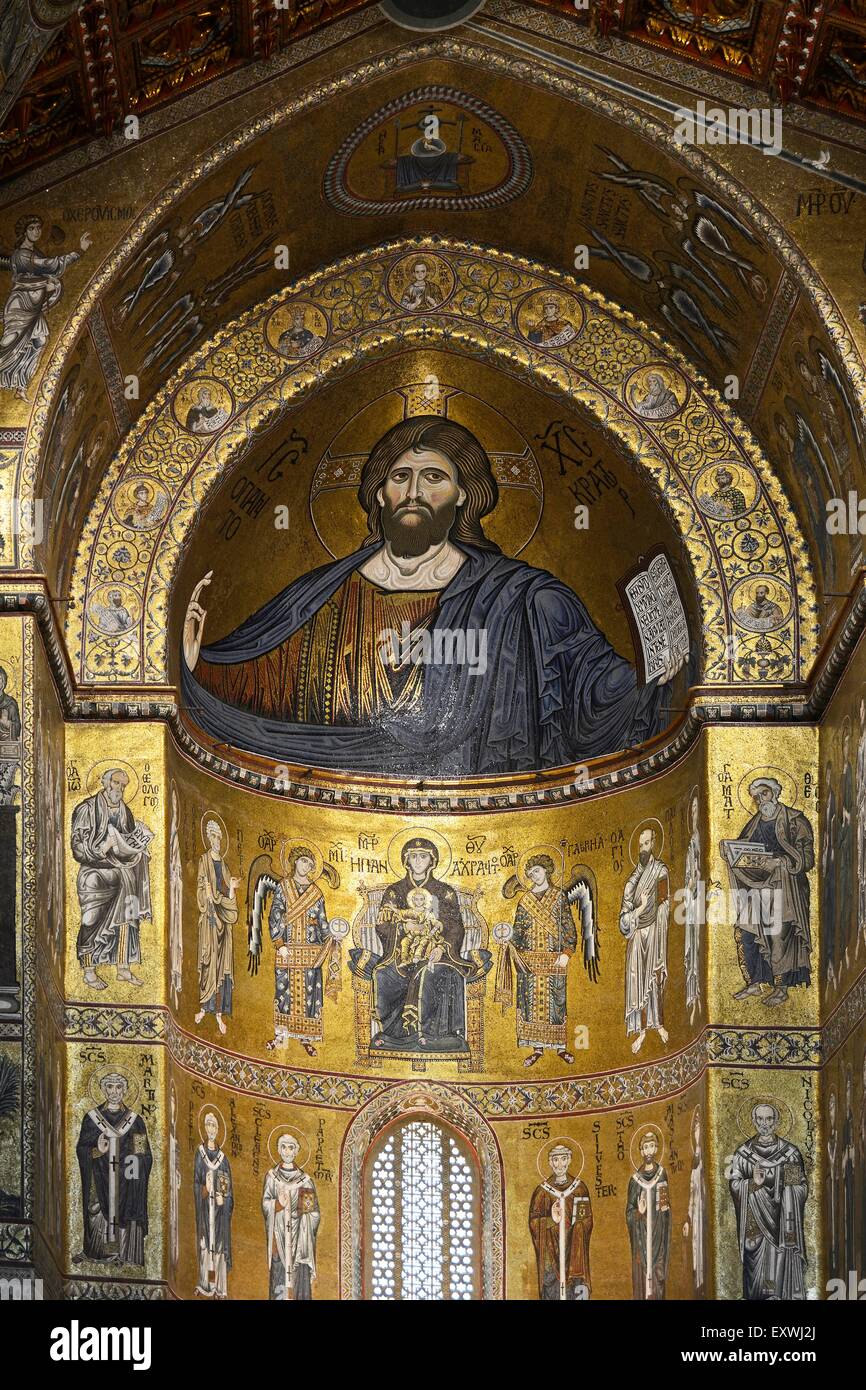 Mosaico di Gesù Cristo, Cattedrale di Santa Maria Nuova, Sicilia, Italia, Europa Foto Stock