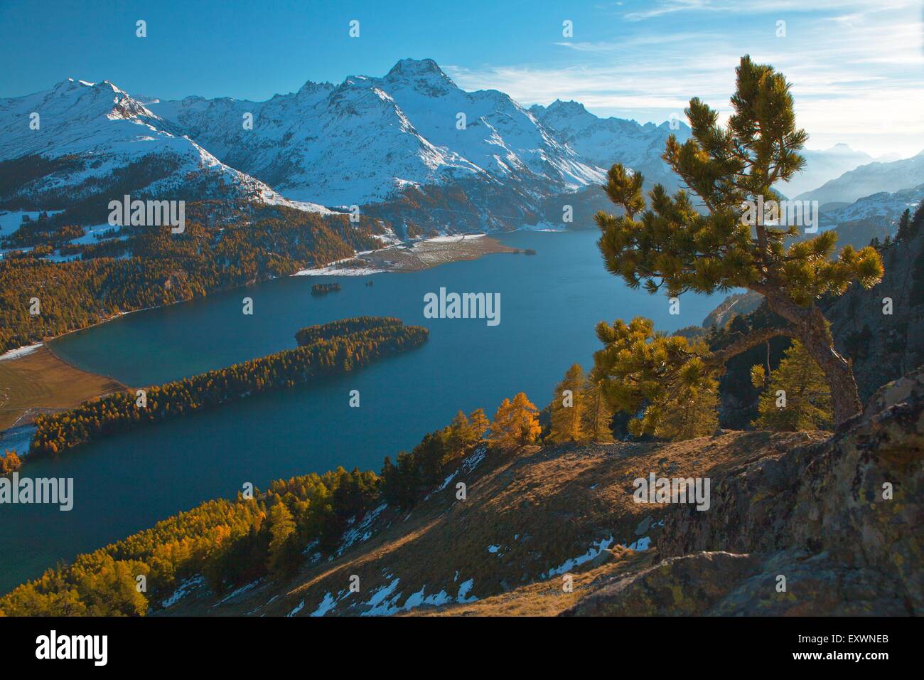 Mountainscape con il lago di Sils in Engadina alta, Svizzera Foto Stock