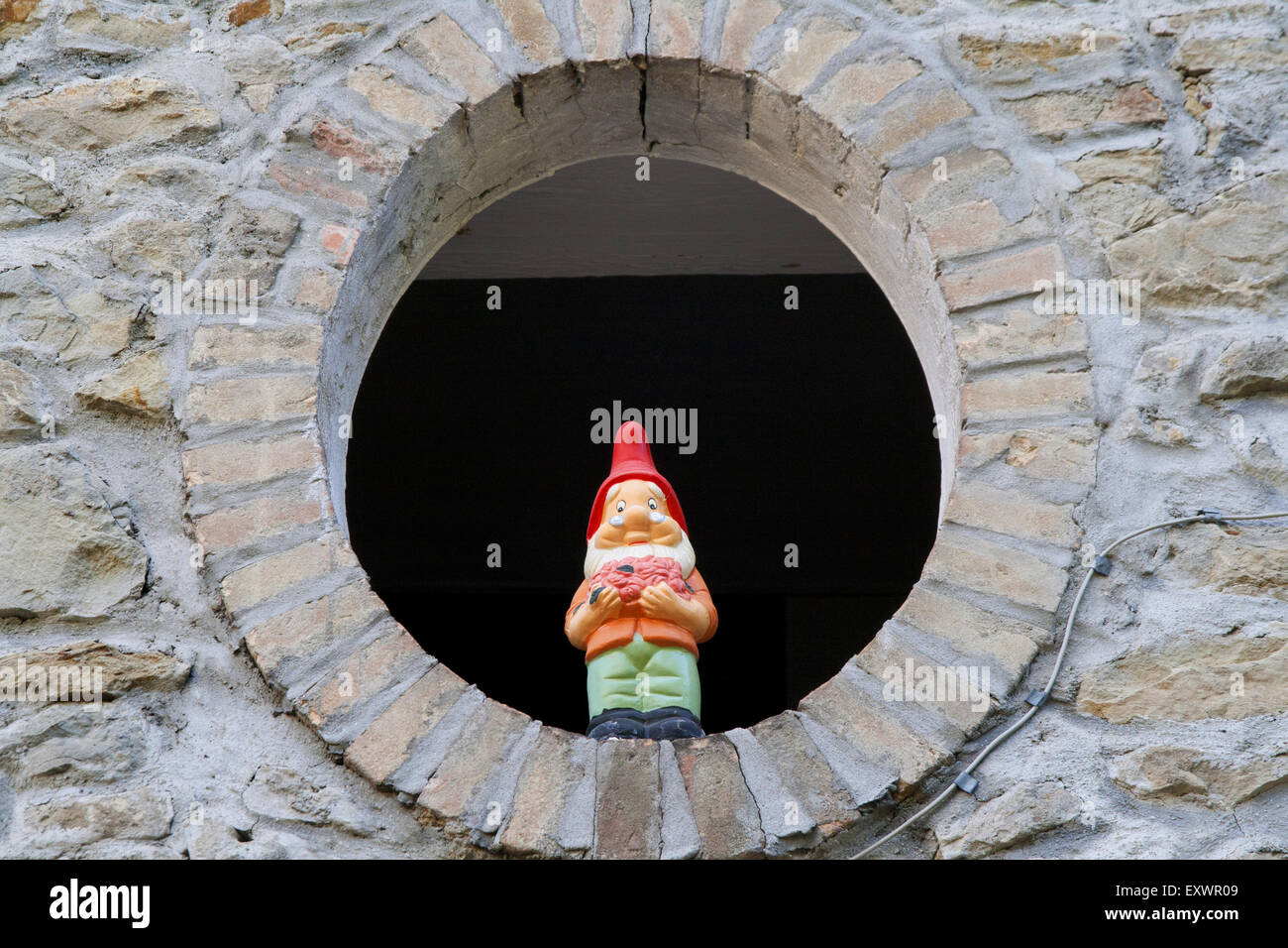 Curioso dwarf sta di guardia a casa al di fuori di windows Foto Stock