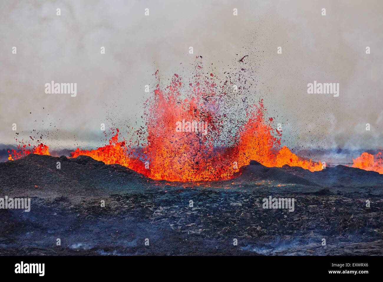 Vulcano Bardarbunga, vista su eruzione al campo di lava Holuhraun al 2° settembre 2014, l'Islanda Foto Stock