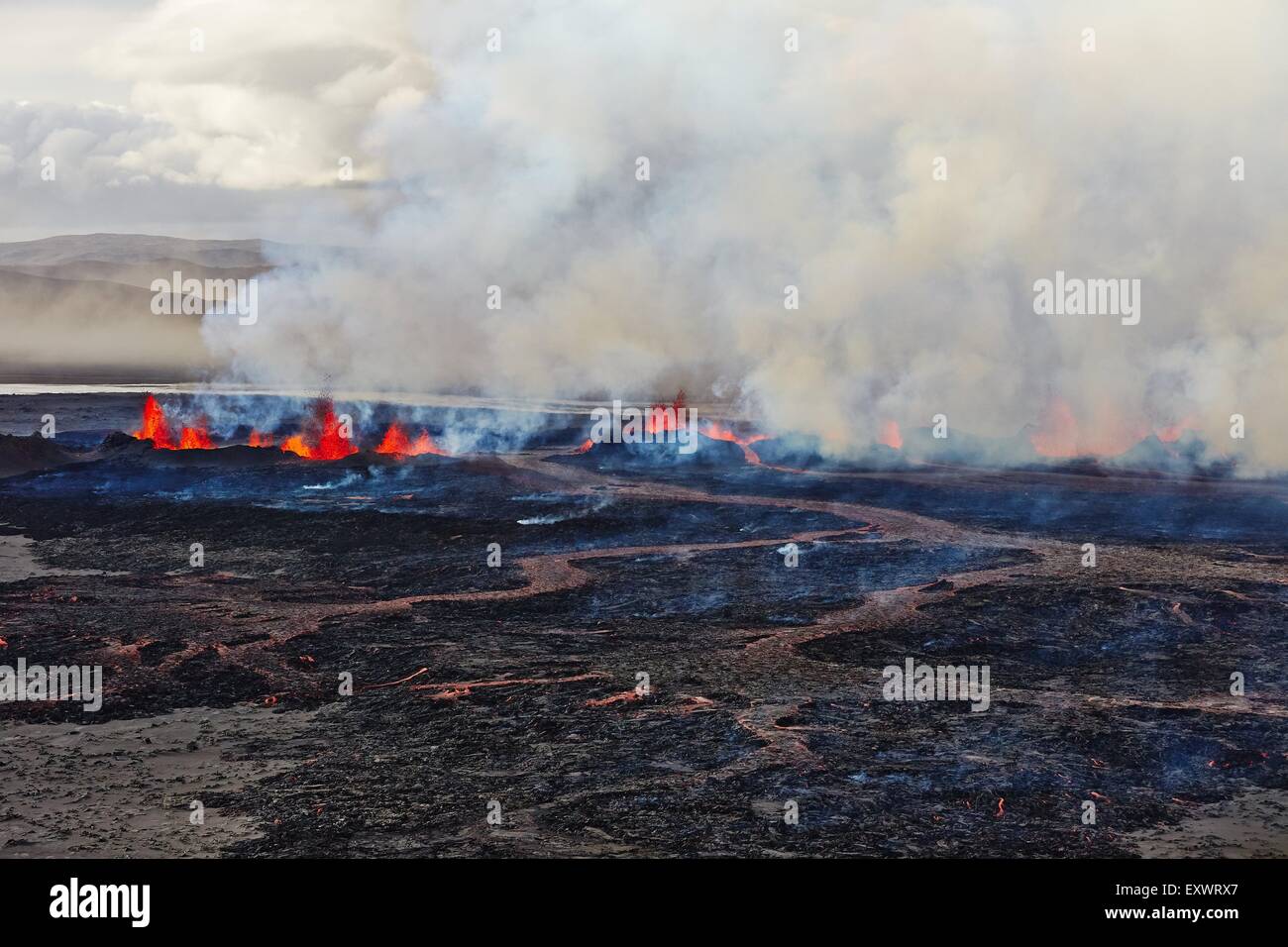 Vulcano Bardarbunga, vista su eruzione al campo di lava Holuhraun al 2° settembre 2014, l'Islanda Foto Stock