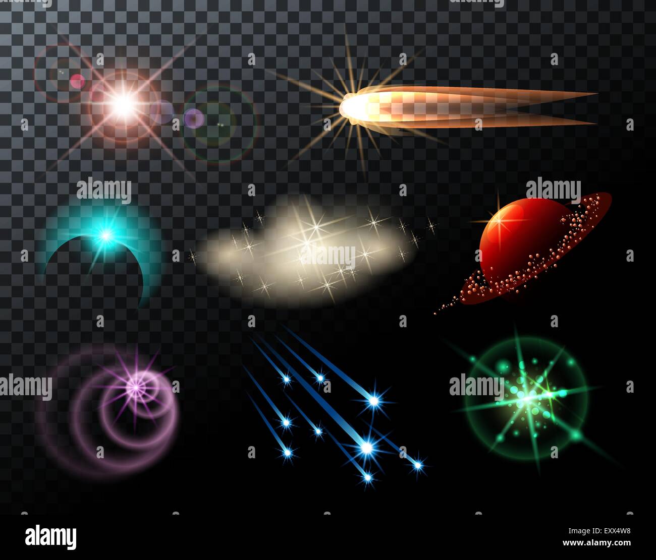 Luci incandescenti, stelle brilla e comete su sfondo trasparente. Illustrazione Vettoriale