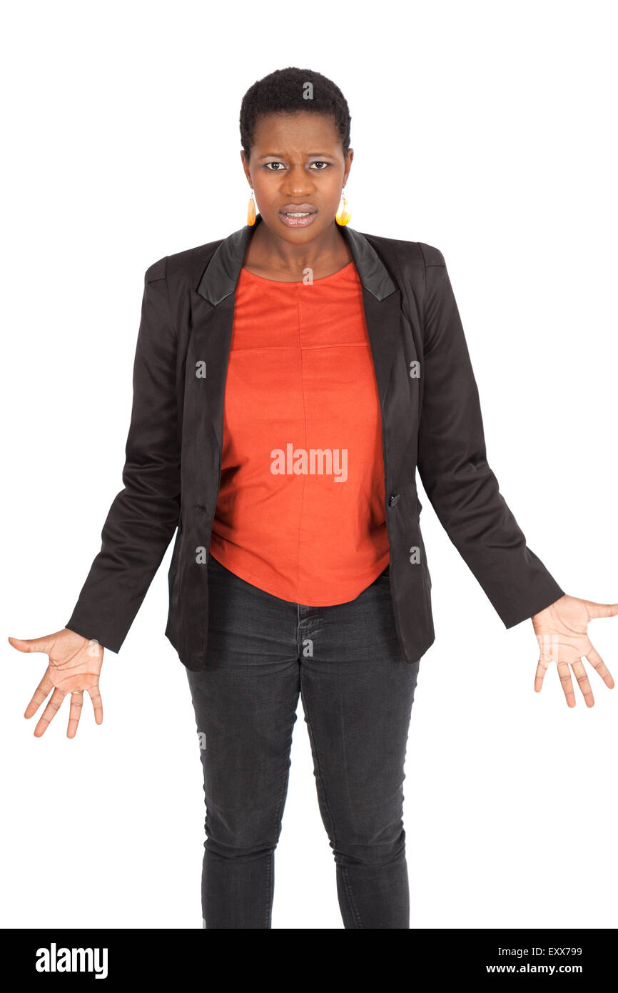 Bella donna facendo espressioni diverse in diversi set di vestiti: arrabbiato Foto Stock