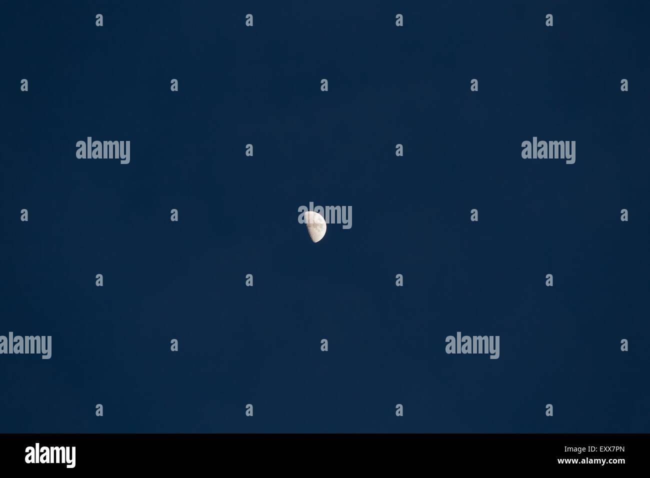 Mezza luna sul cielo scuro dello sfondo. Close up della luna. Foto Stock