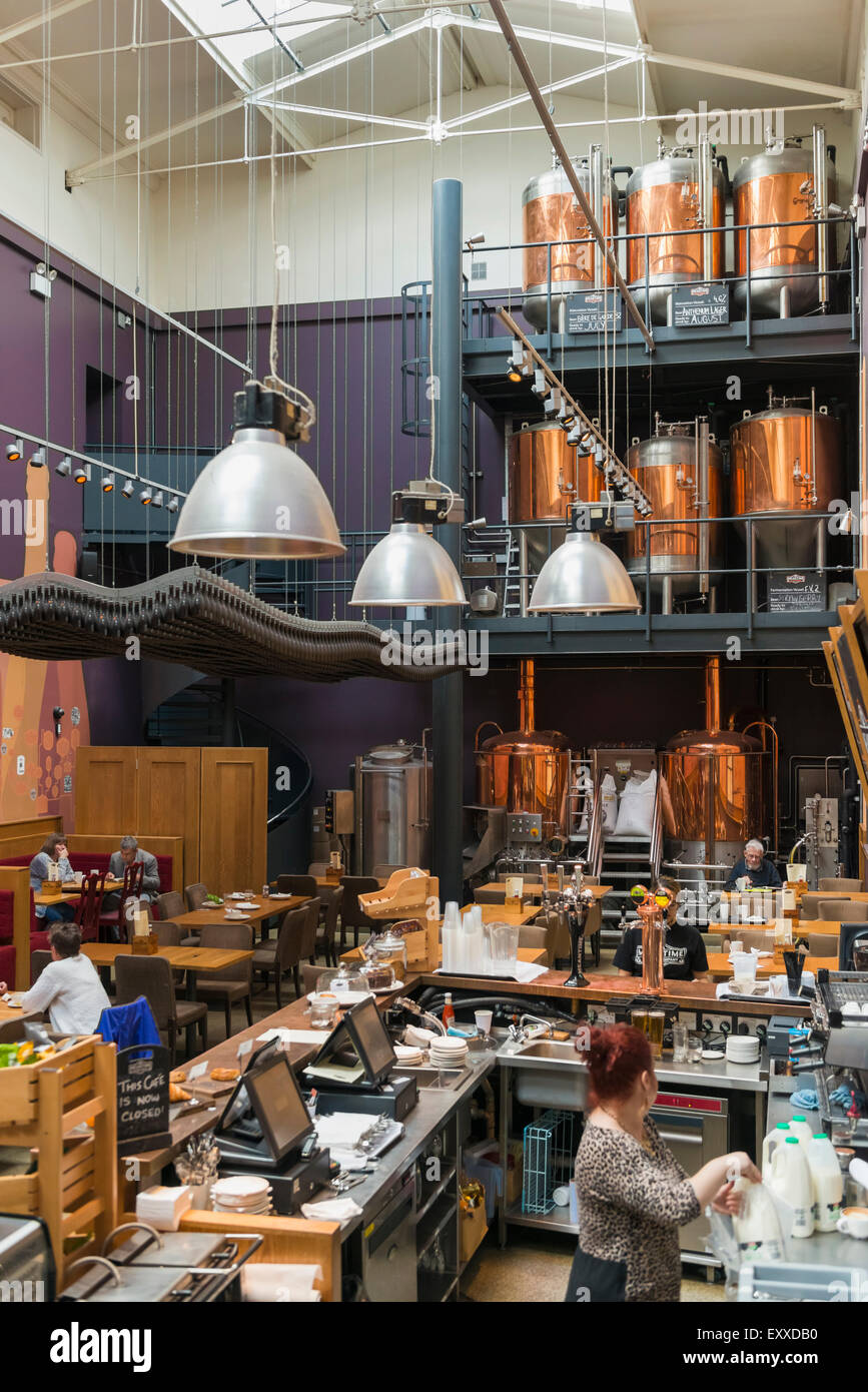 All'interno di una micro birreria birra real ale birra artigianale a Greenwich, London, England, Regno Unito - che mostra i tini di rame e pub Foto Stock