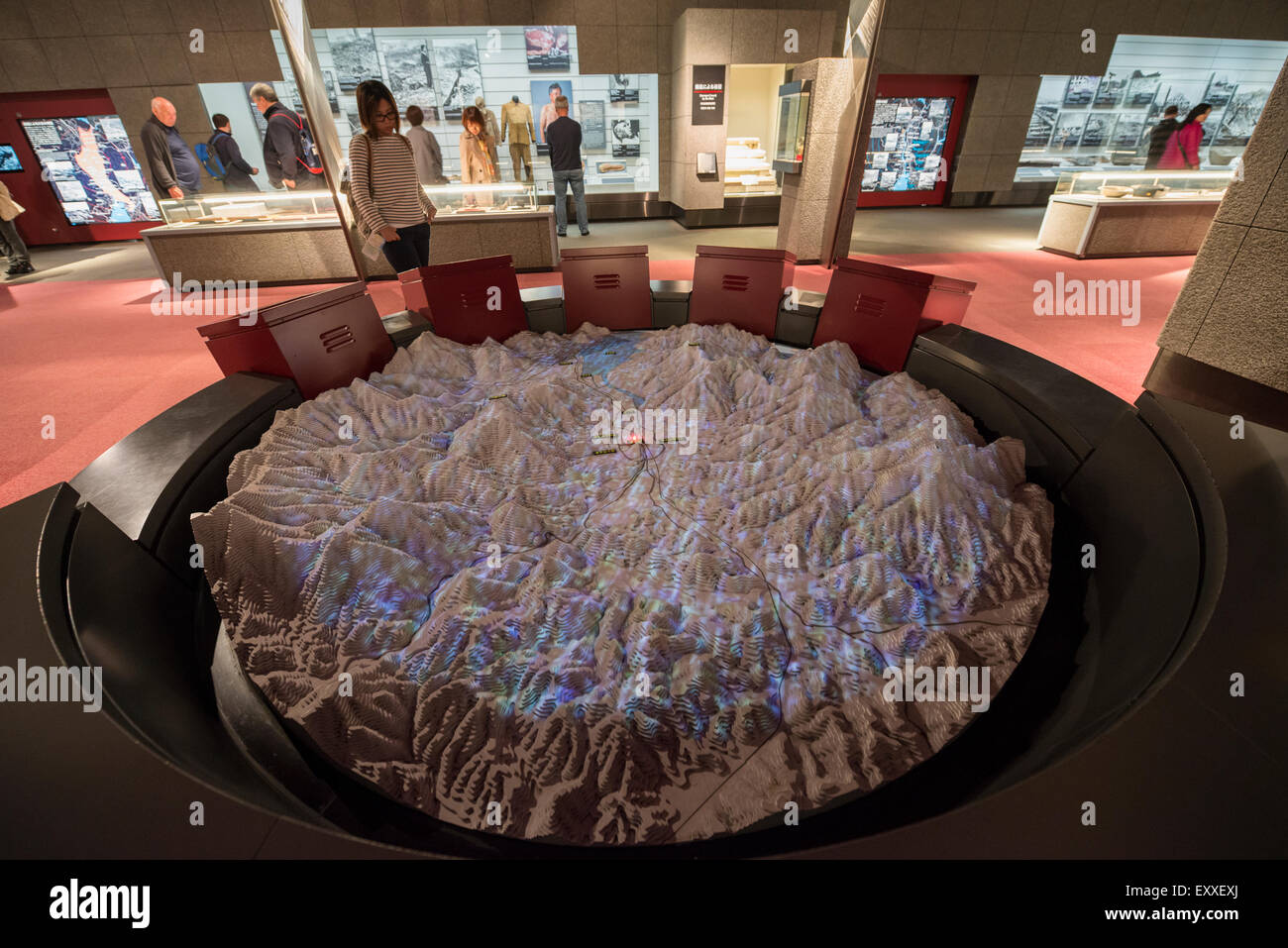 Presentano topografico che illustra l'onda Blast e ricadute radioattive dall'ipocentro atomica, Nagaksaki, Giappone Foto Stock