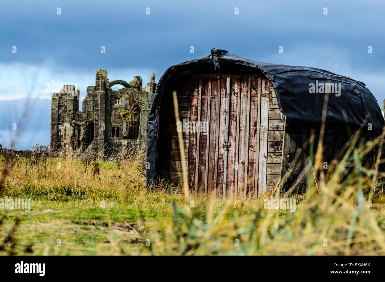 Vecchia barca capovolti e utilizzata come storage su Lindisfarne Agrifoglio Isola Northumberland. Foto Stock