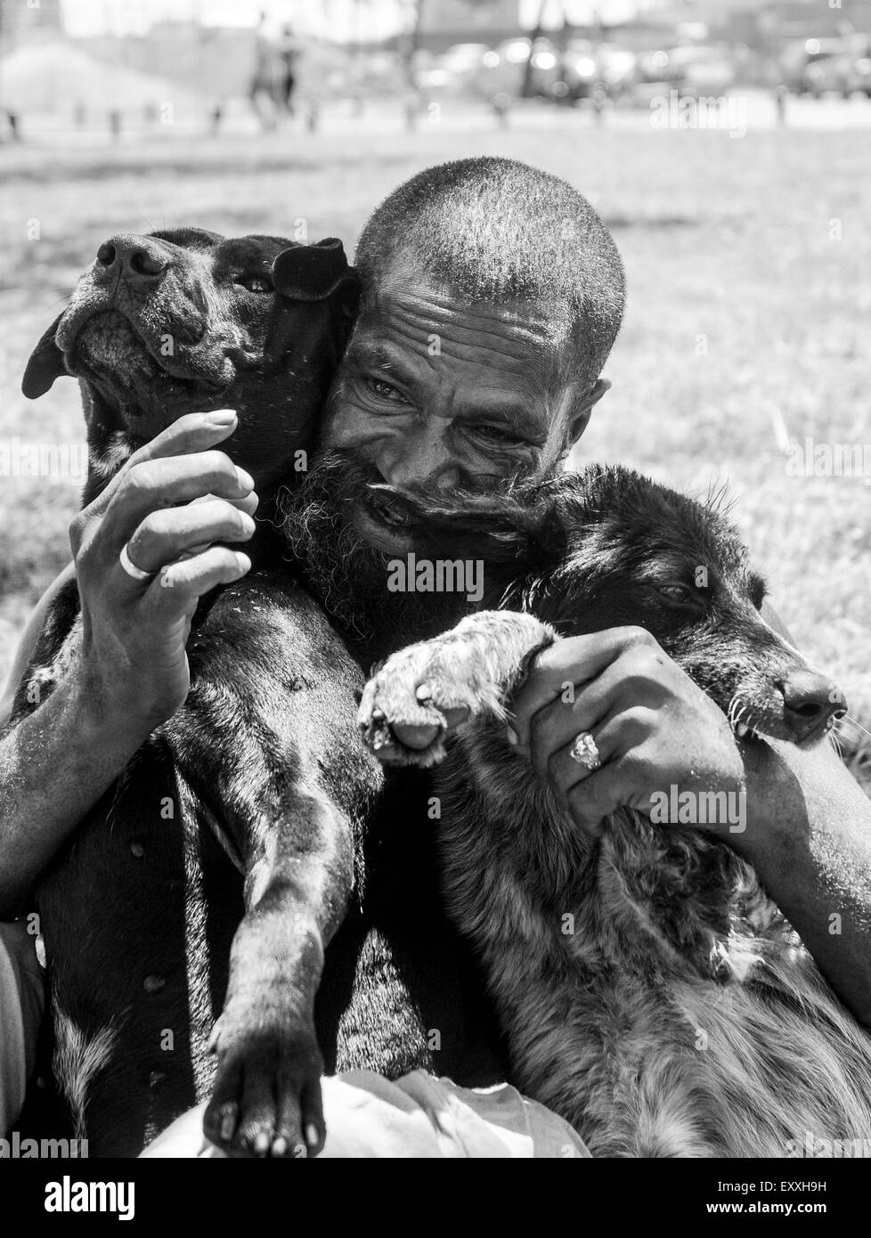 Un uomo barbuto coccola i suoi cani in francese le isole del Pacifico. Credito: Euan Cherry Foto Stock