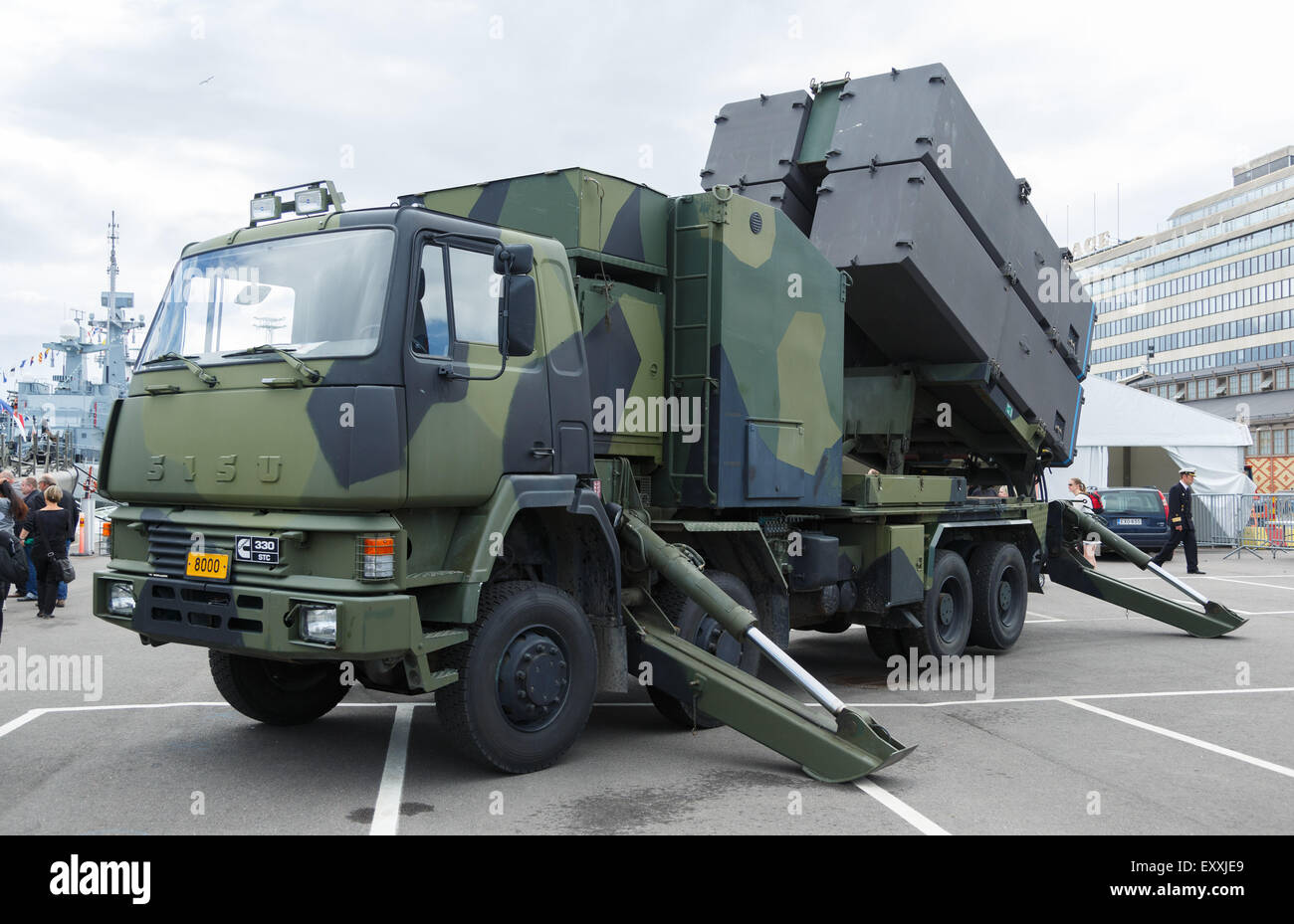 RBS-15 SF anti-nave lanciamissili della Marina Militare finlandese sul display di Helsinki sulla Marina giorno anniversario del 2015. Foto Stock