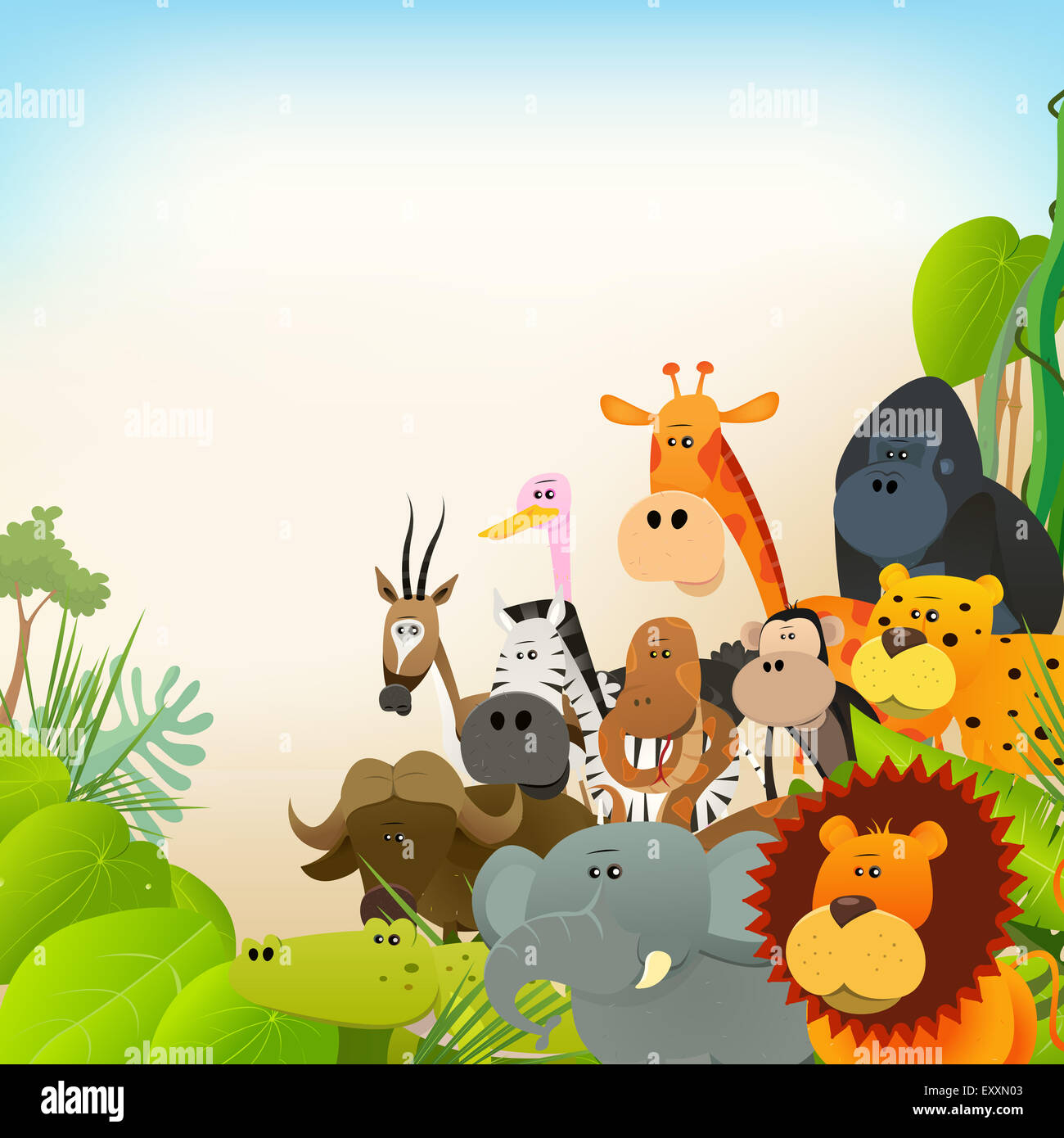 Illustrazione del simpatico cartoon vari animali selvatici da savana africana, compresi lion, gorilla, elefanti, giraffe, gazelle Foto Stock