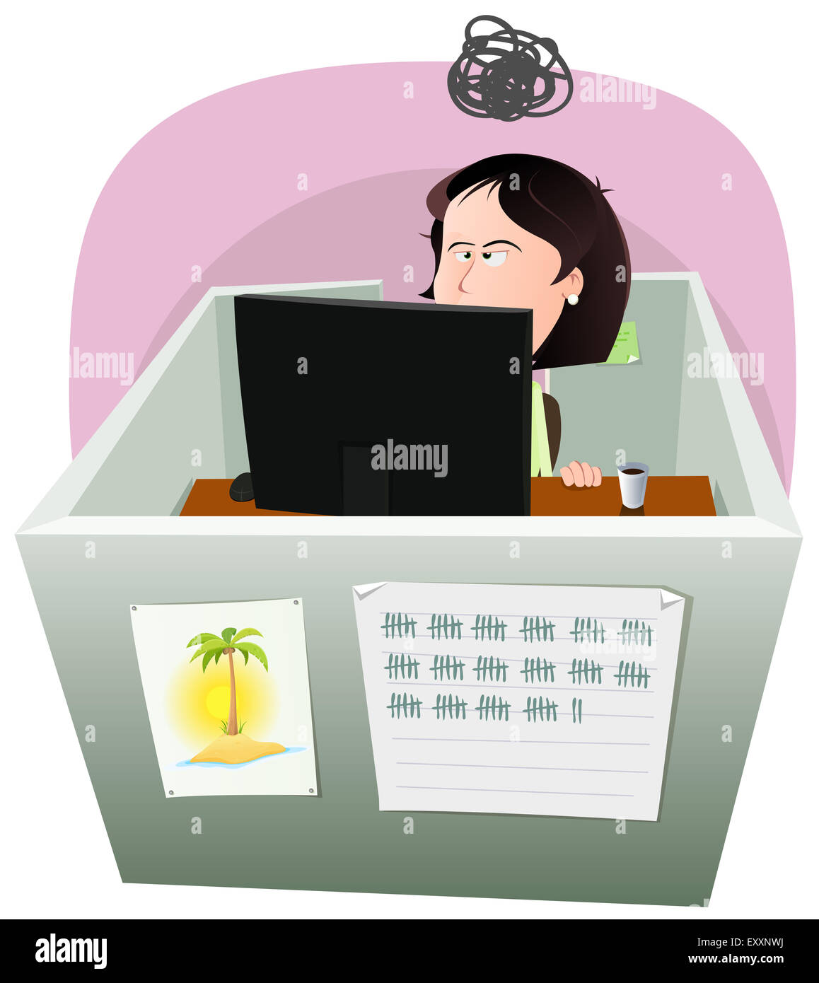 Illustrazione di un cartoon dipendente ufficio donna lifestyle, lavorando frustrato in un noioso lavoro in tempo di crisi Foto Stock