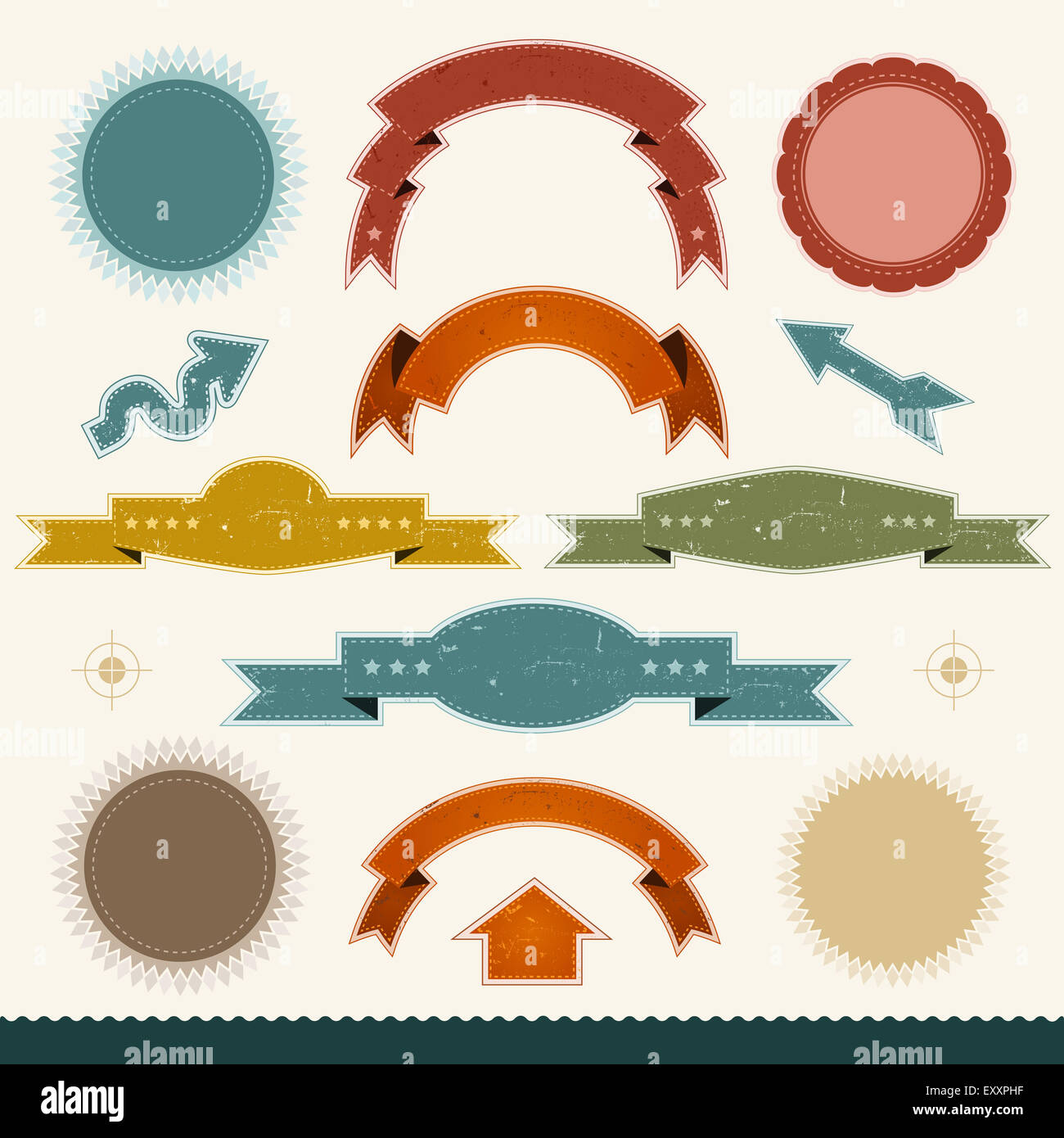 Illustrazione di un insieme di varie elegante retro vintage banner, frecce, nastri, bandiere, guarnizioni, certificati, badge ed ornamento Foto Stock