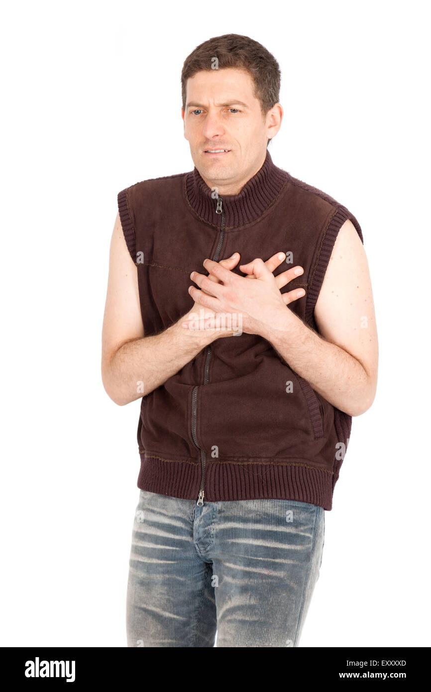 Uomo bello fare espressioni diverse in diversi set di vestiti: attacco di cuore Foto Stock