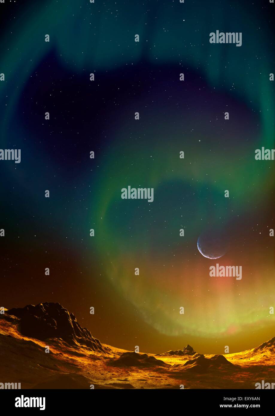 Keplero 438 è un nano rosso in Lyra, 470 anni luce dalla Terra. Intorno a questa stella, gli astronomi hanno rilevato un pianeta, probabilmente roccioso, entro la zona abitabile. Questa è la regione intorno ad una stella entro la quale acqua liquida di acqua liquida può esistere sulla superficie di un pianeta. Questa illustrazione immagina la stella per essere altamente magnetico, come molti nane rosse, creando una potente aurora nel cielo del pianeta. Foto Stock