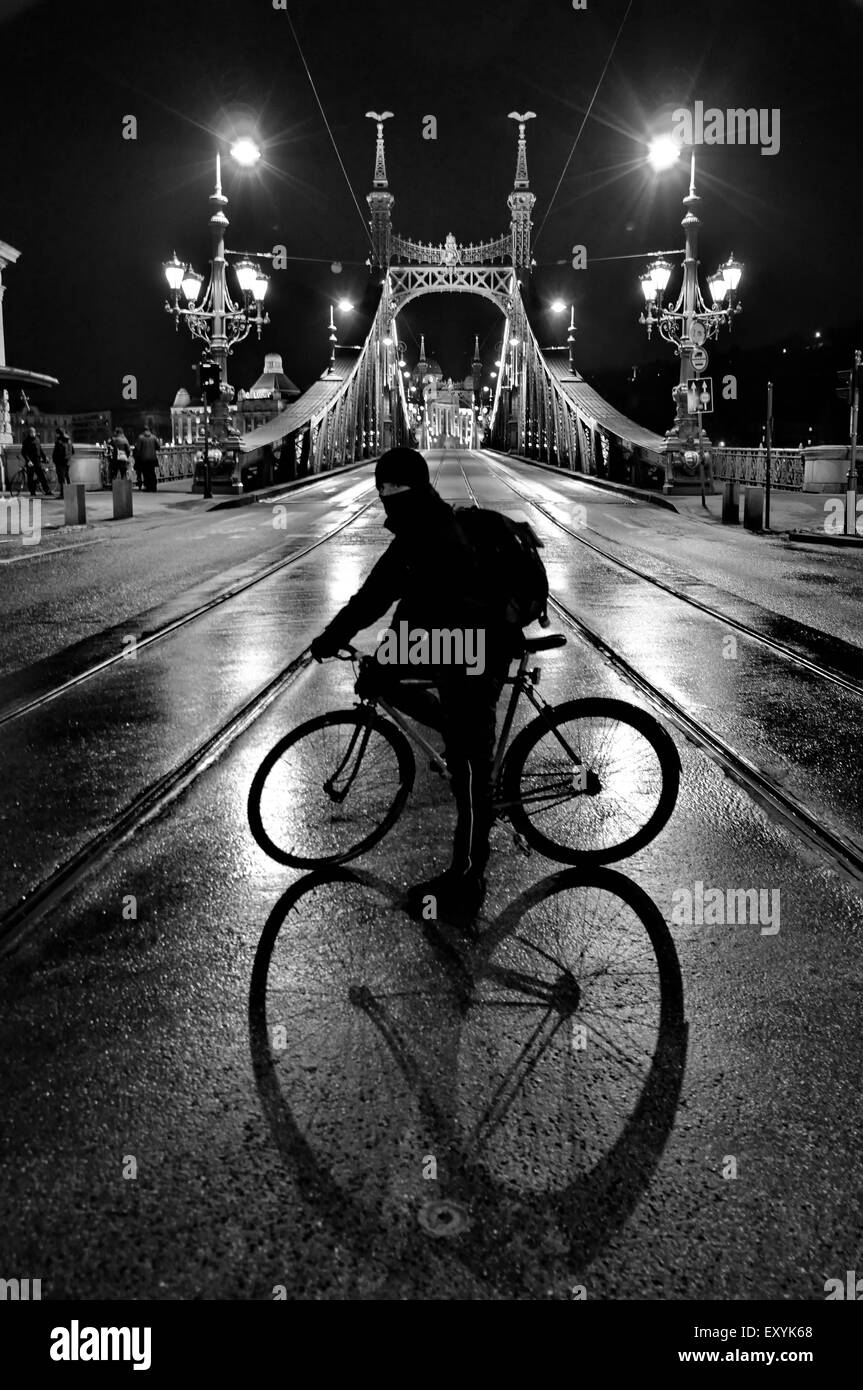 Ciclista nella parte anteriore del ponte della libertà di Budapest di notte Foto Stock