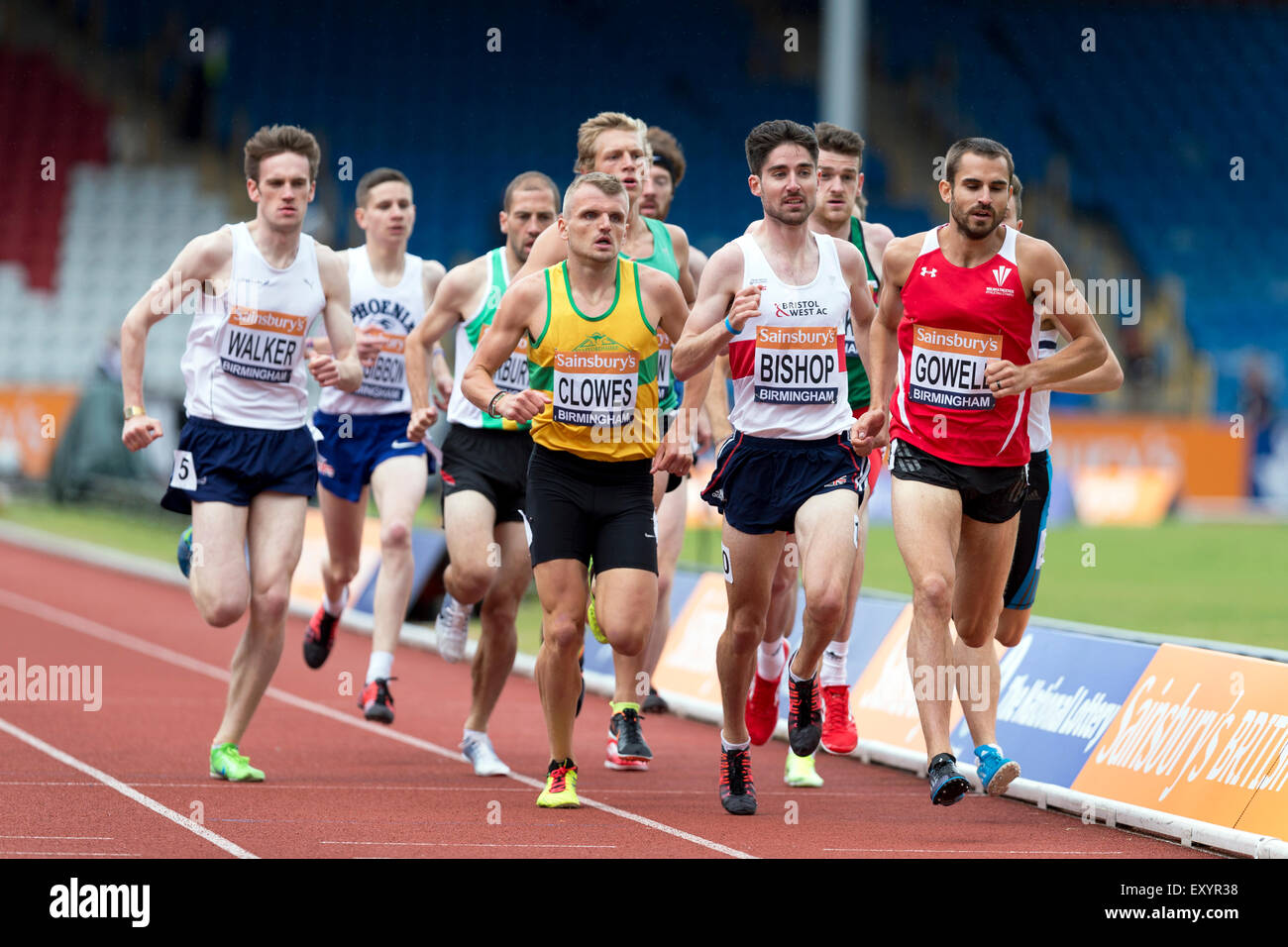 Jack WALKER, Robbie FITZGIBBON, Chris WARBURTON, Matteo CLOWES, David Bishop, Chris GOWELL Uomini 1500m 3 di calore, 2014 Sainsbury's del Campionato Britannico Birmingham Alexander Stadium Regno Unito Foto Stock
