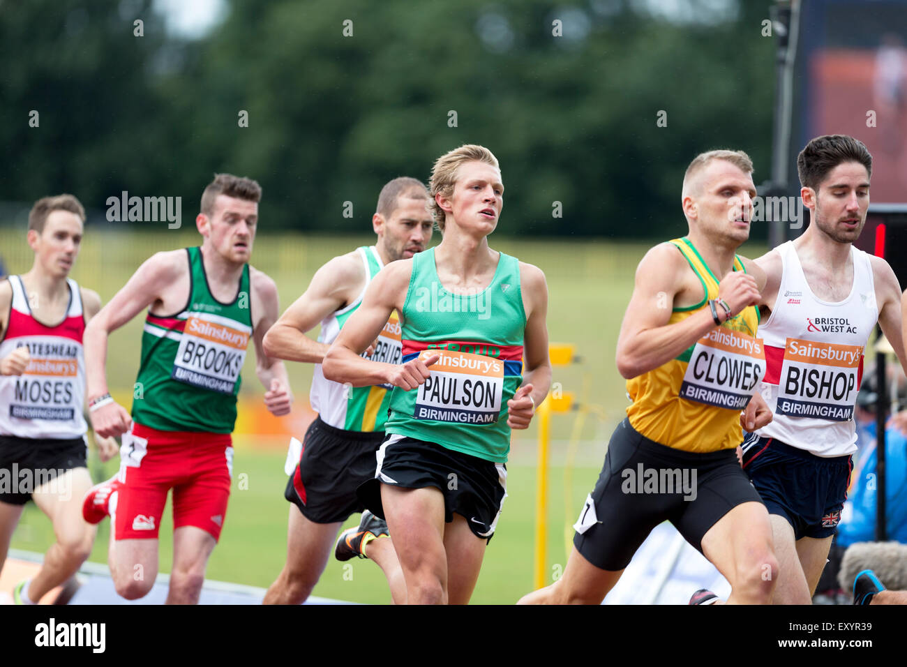 Lewis a Mosè, Niall Brooks, Chris WARBURTON, William PAULSON, Matteo CLOWES, David Bishop Uomini 1500m 3 di calore, 2014 Sainsbury's del Campionato Britannico Birmingham Alexander Stadium Regno Unito Foto Stock