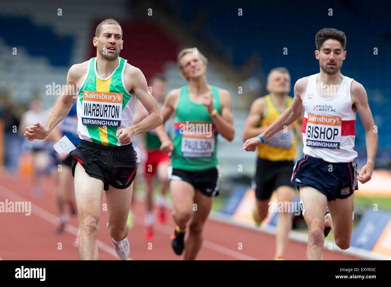 Chris WARBURTON, William PAULSON, David Bishop Uomini 1500m 3 di calore, 2014 Sainsbury's del Campionato Britannico Birmingham Alexander Stadium Regno Unito Foto Stock