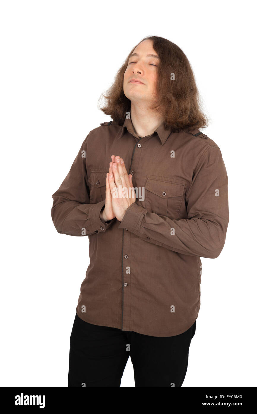 Uomini belli facendo espressioni diverse in diversi set di vestiti: la preghiera Foto Stock